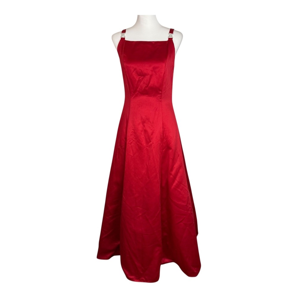 Betsy &โ Adam Red Satin Maxi Gown Rhinestone Straps Vintage Prom Dress 3/4
